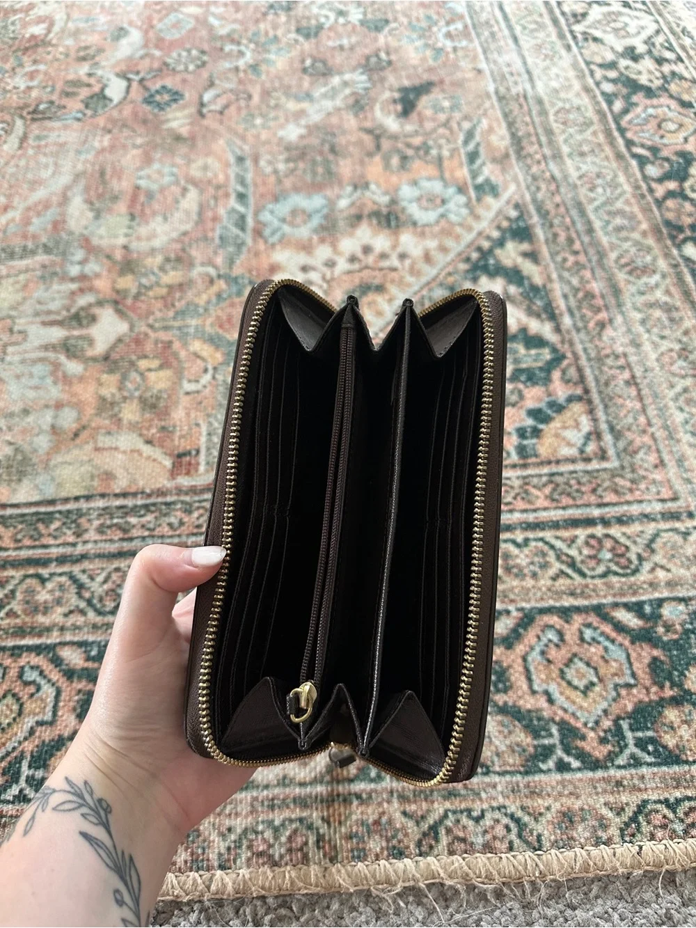 Coach Taupe and Dark Brown Signature Zip Wallet with Gold Buckle